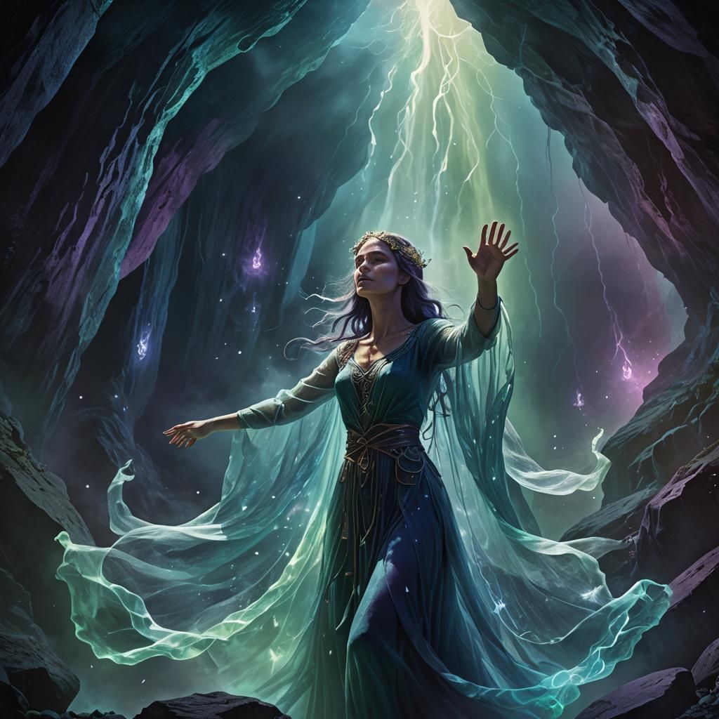 Glowing Pagan Woman Summoning in Midnight Cave
