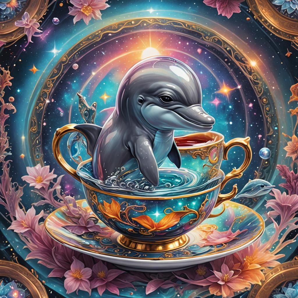 Baby Dolphin in Teacup: Holographic Astral Illustration