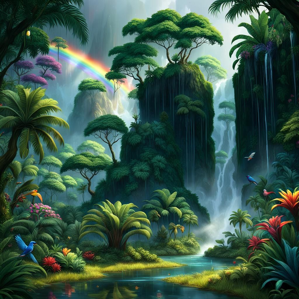 Lion in a Lush Tropical Rainforest, Fantasy Art