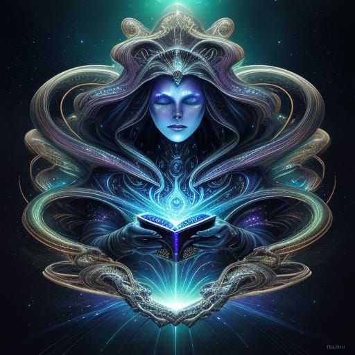 Divine Being Descends Through Nebula in Futurism Style