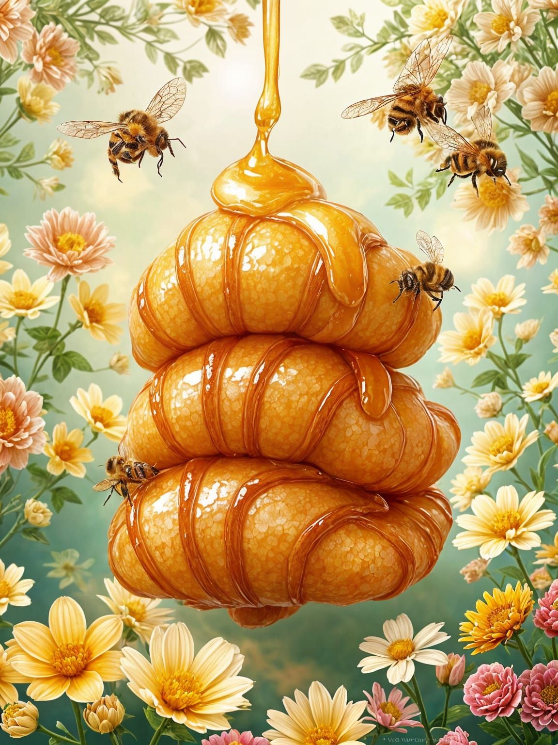 Magical Honeycomb Croissant with Golden Bees in Vibrant Digi...