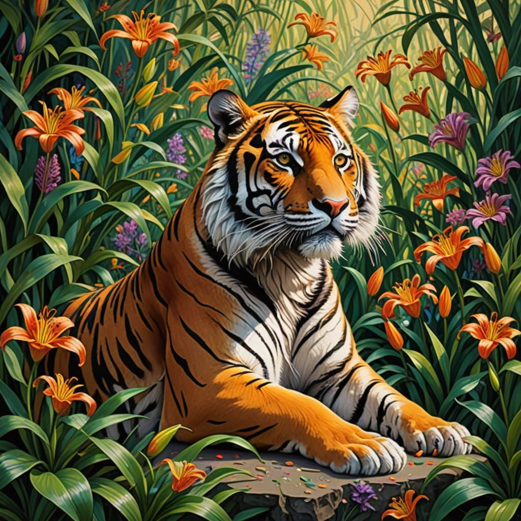 Surrealist Tiger Swallowed by Vibrant Tiger Lilies