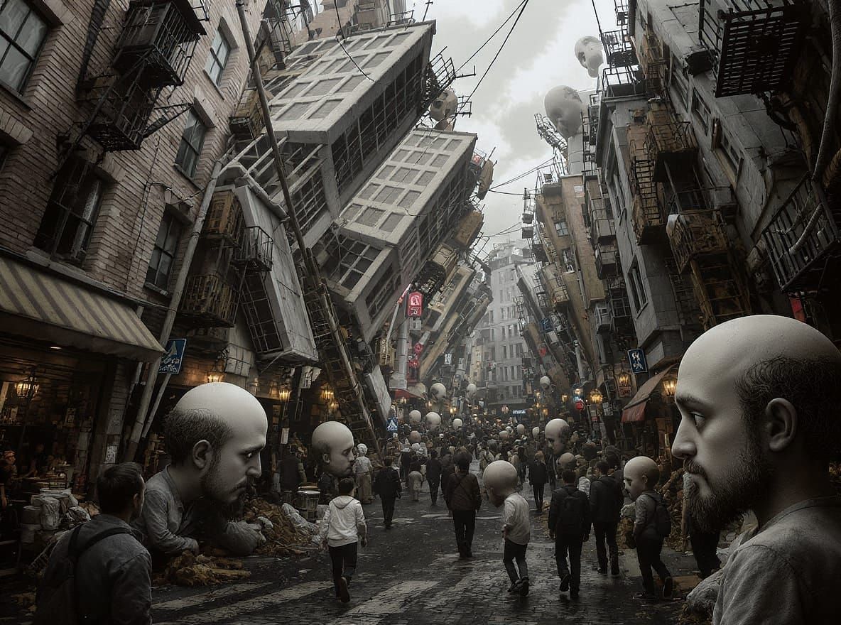 Surreal Cityscape with Skewed Perspectives and Giant Heads