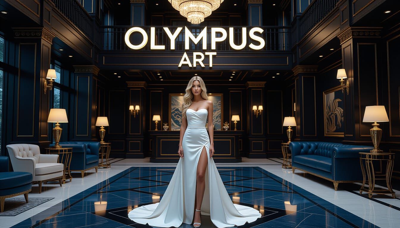 Elegant Woman in Luxurious Lobby, Digital Art Style