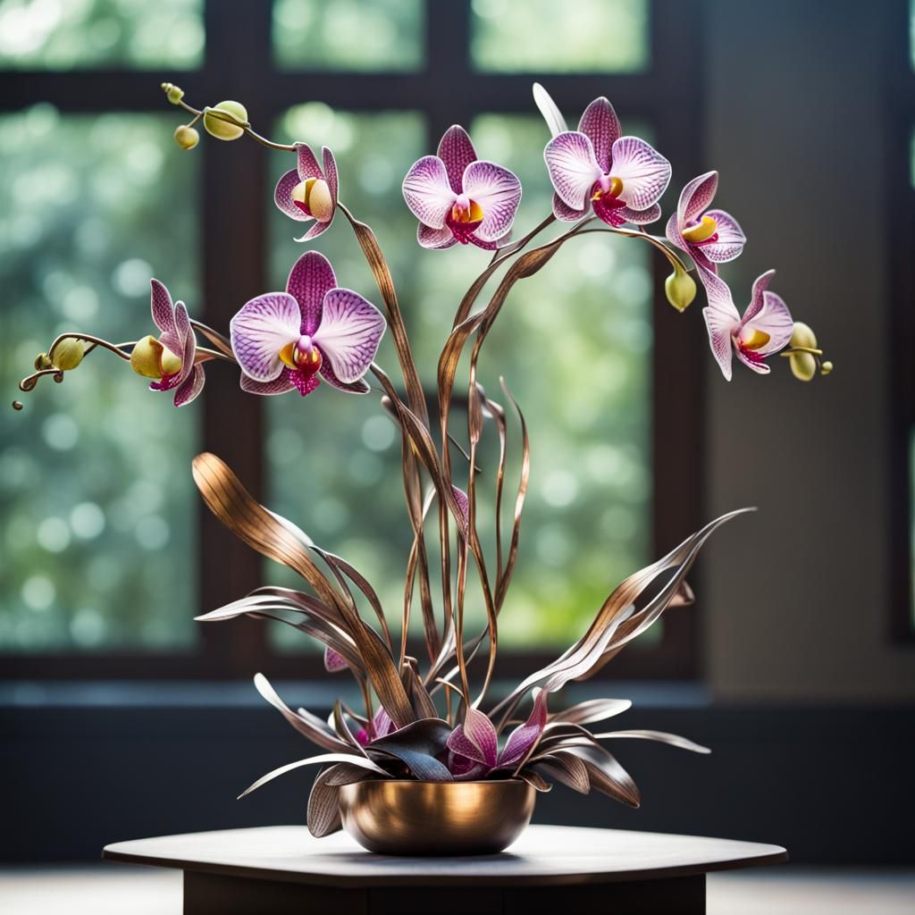 Metal Orchid Sculpture: Intricate Fantasy Art
