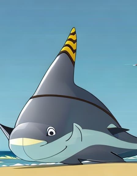 Merman Shark Hybrid on Banana Boat, Disney Cartoon