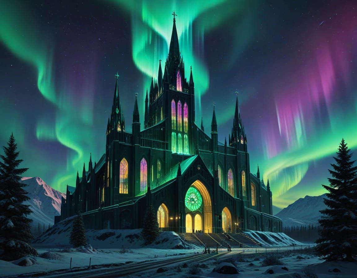 Surreal Cyberpunk Cathedral in a Dazzling Aurora Borealis