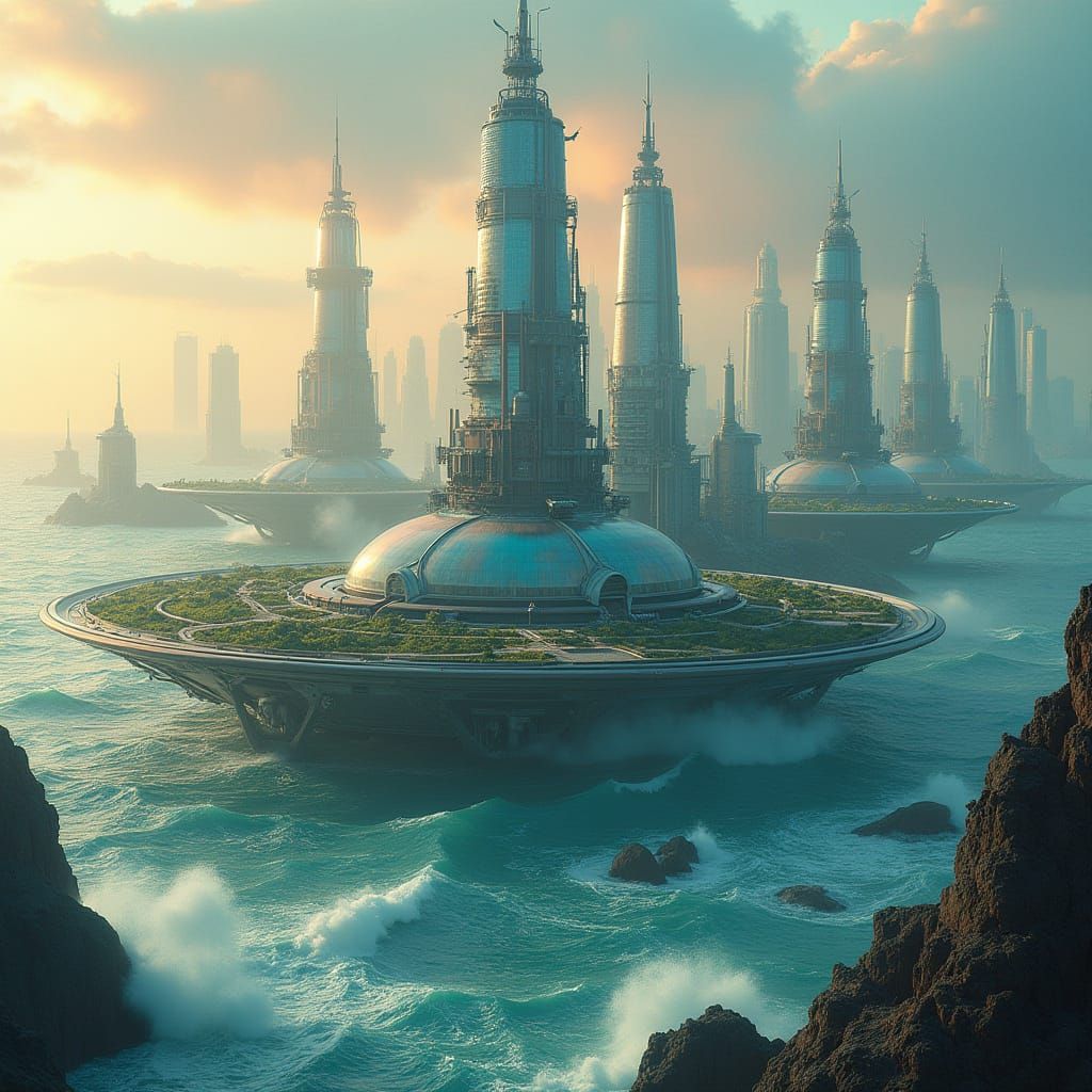 Sleek Futuristic Metropolis Hovers Above Turbulent Sea at Du...