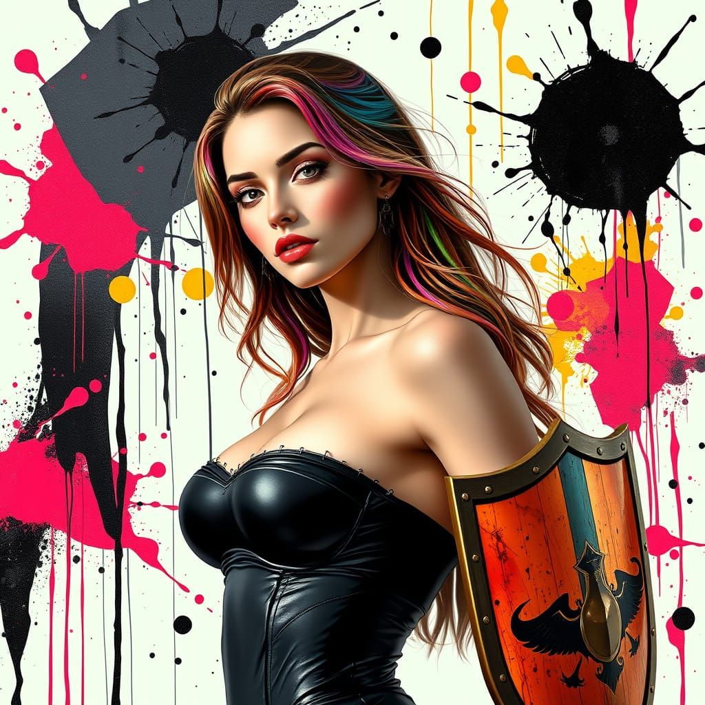 Elegant Trans Woman in Vibrant Shield Armor