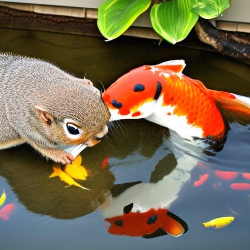 Surreal Squirrel Kissing a Koi in a Tranquil Pond