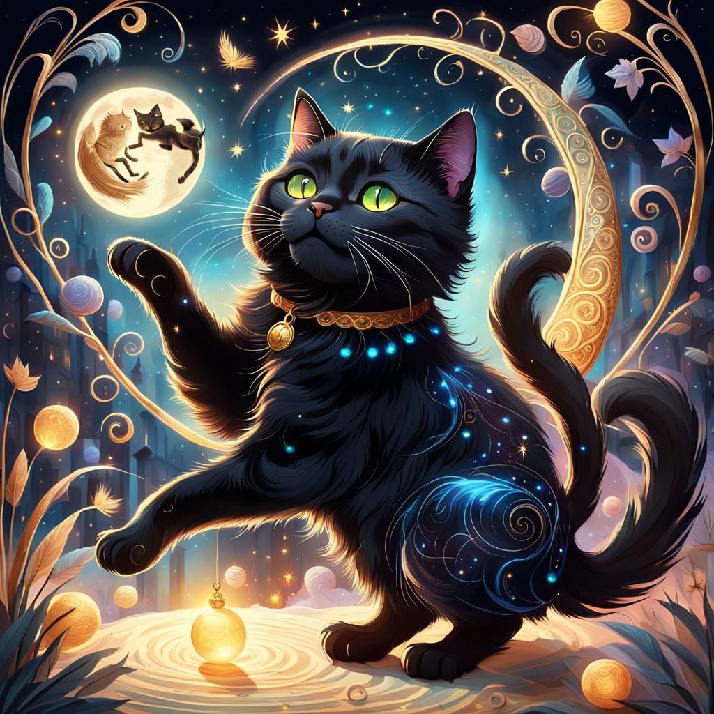 Mystical Moonlit Feline in Whimsical Fantasy