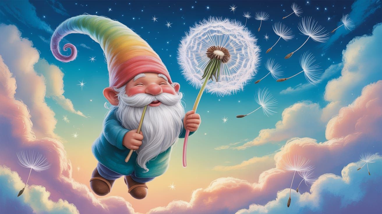 Gnome's Gentle Flight on Dandelion Seed