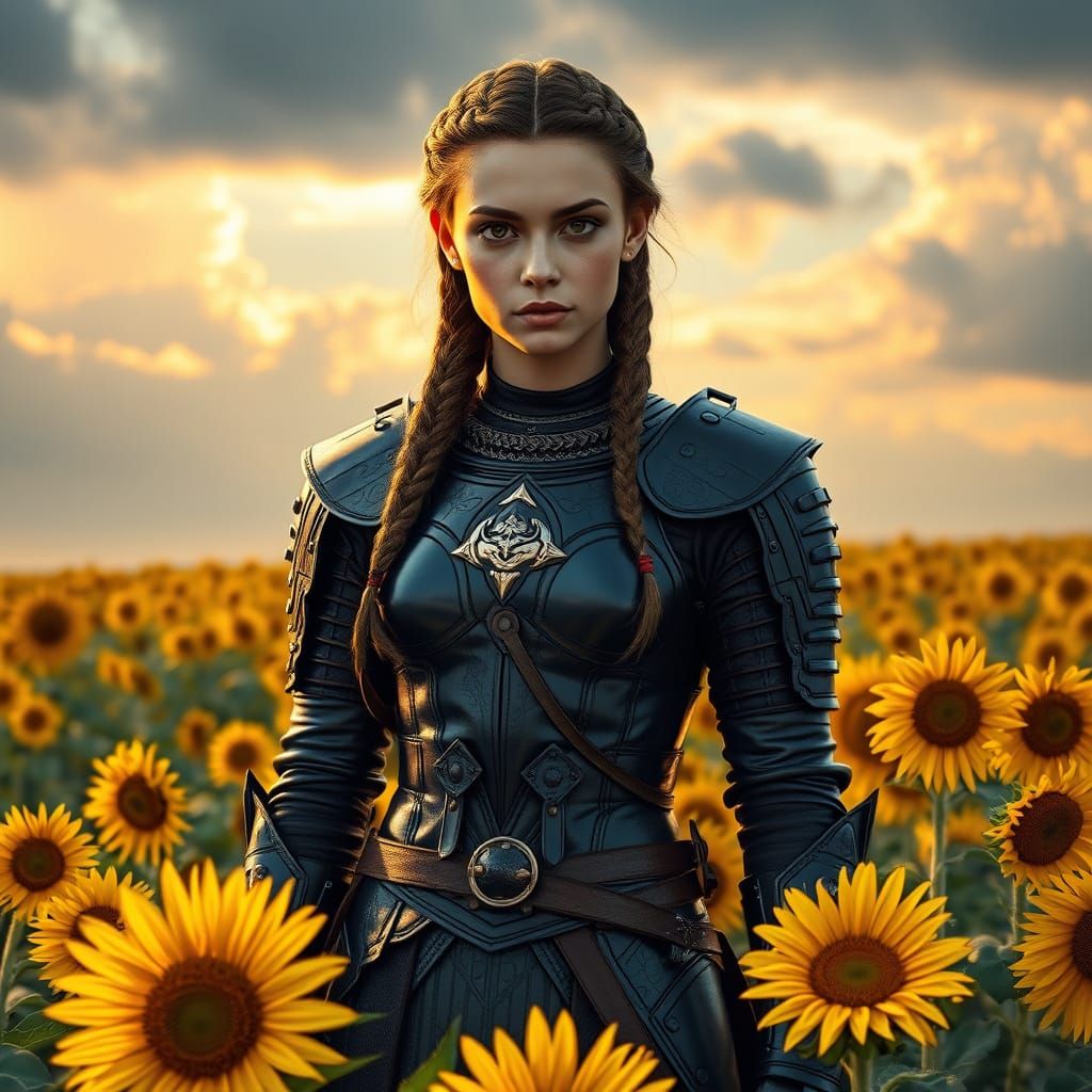 Warrior Princess in Sunflower Field at Golden Hour