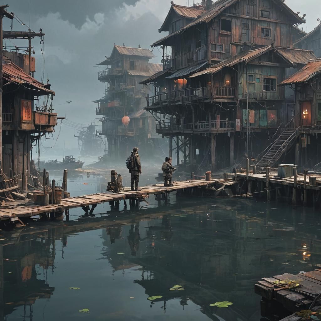 Post-Apocalyptic Fisherman at Dock: Steampunk Fantasy Art