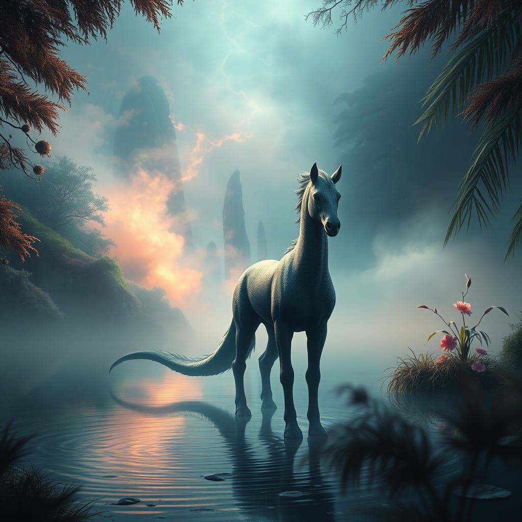 Mysterious Kelpie Emerges from Lush Mystical Landscape