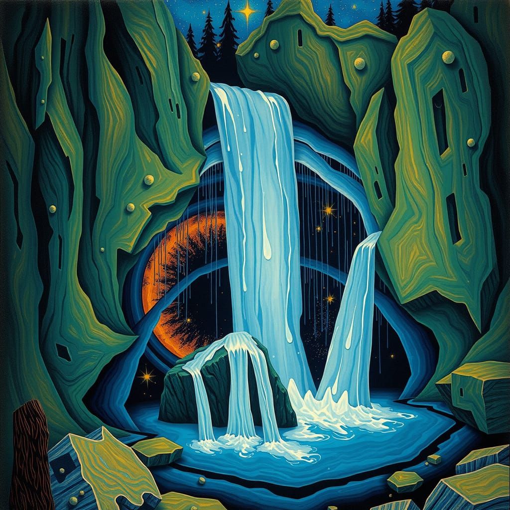Ethereal Waterfall in a Cosmic Surrealist Dreamscape