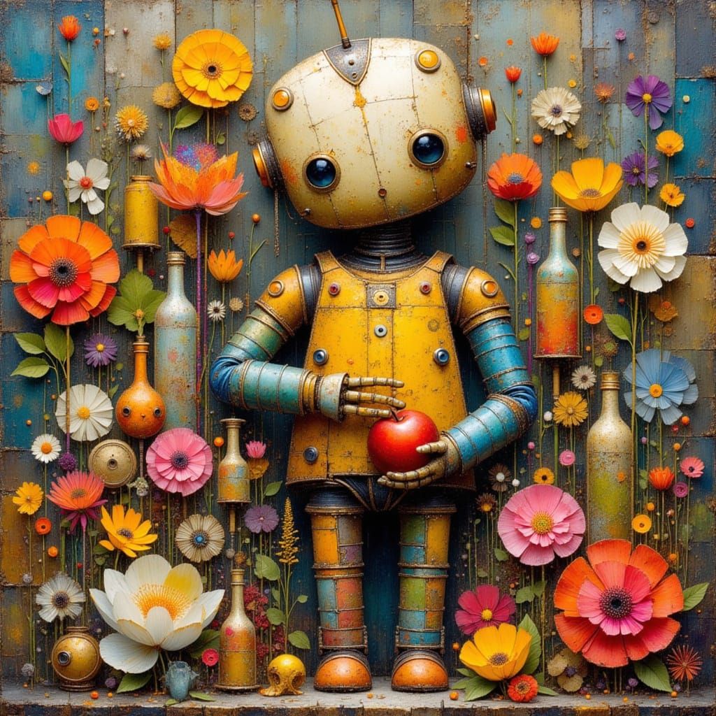 Whimsical Robot in Floral Garden, Surreal Folk Art