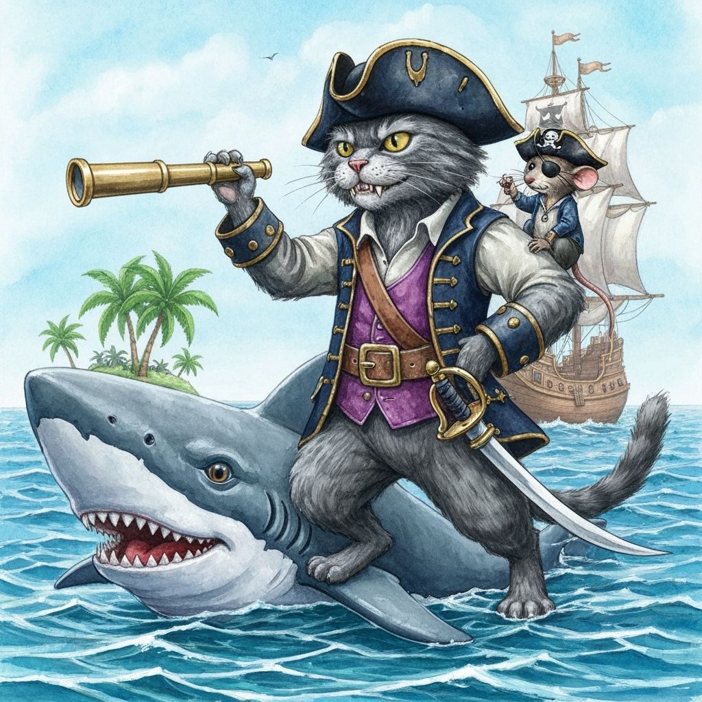 Pirate Cat on Shark in Watercolor Style