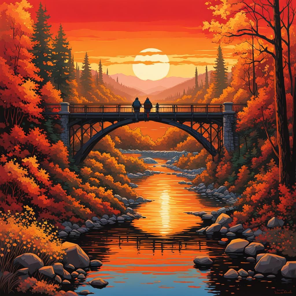 Art Nouveau Sunset Bridge in Warm Colors