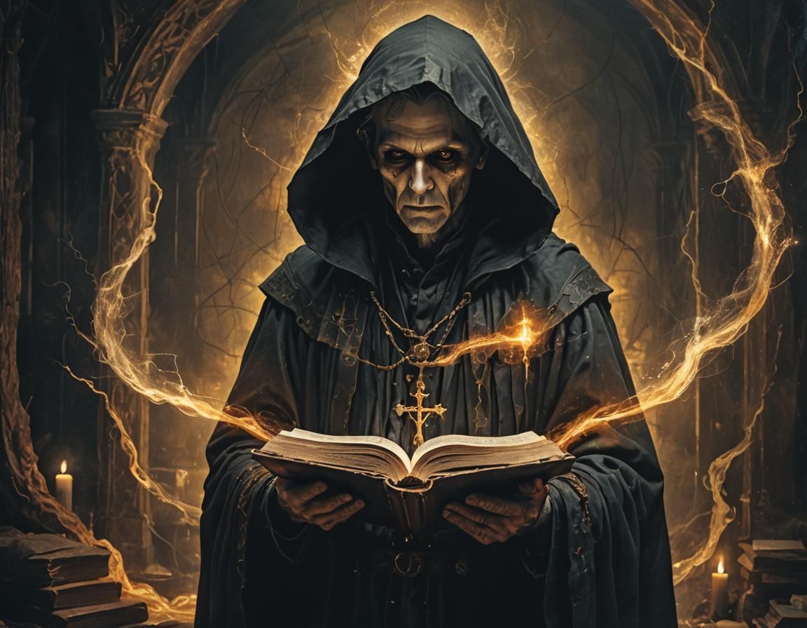 Mysterious Robed Man with Spellbook in Gothic Style