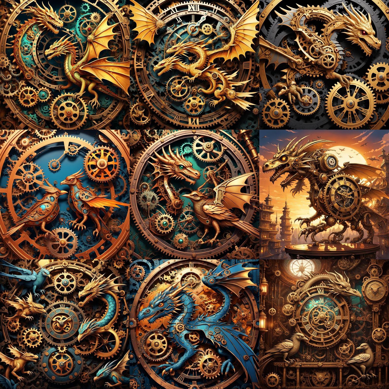 Clockwork Dragons and Birds in Cel-Shaded Style