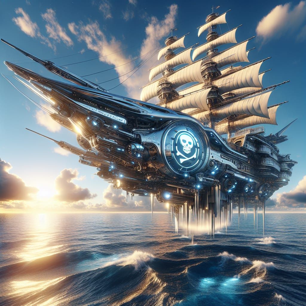 Flying Pirate Ship in Futuristic Style