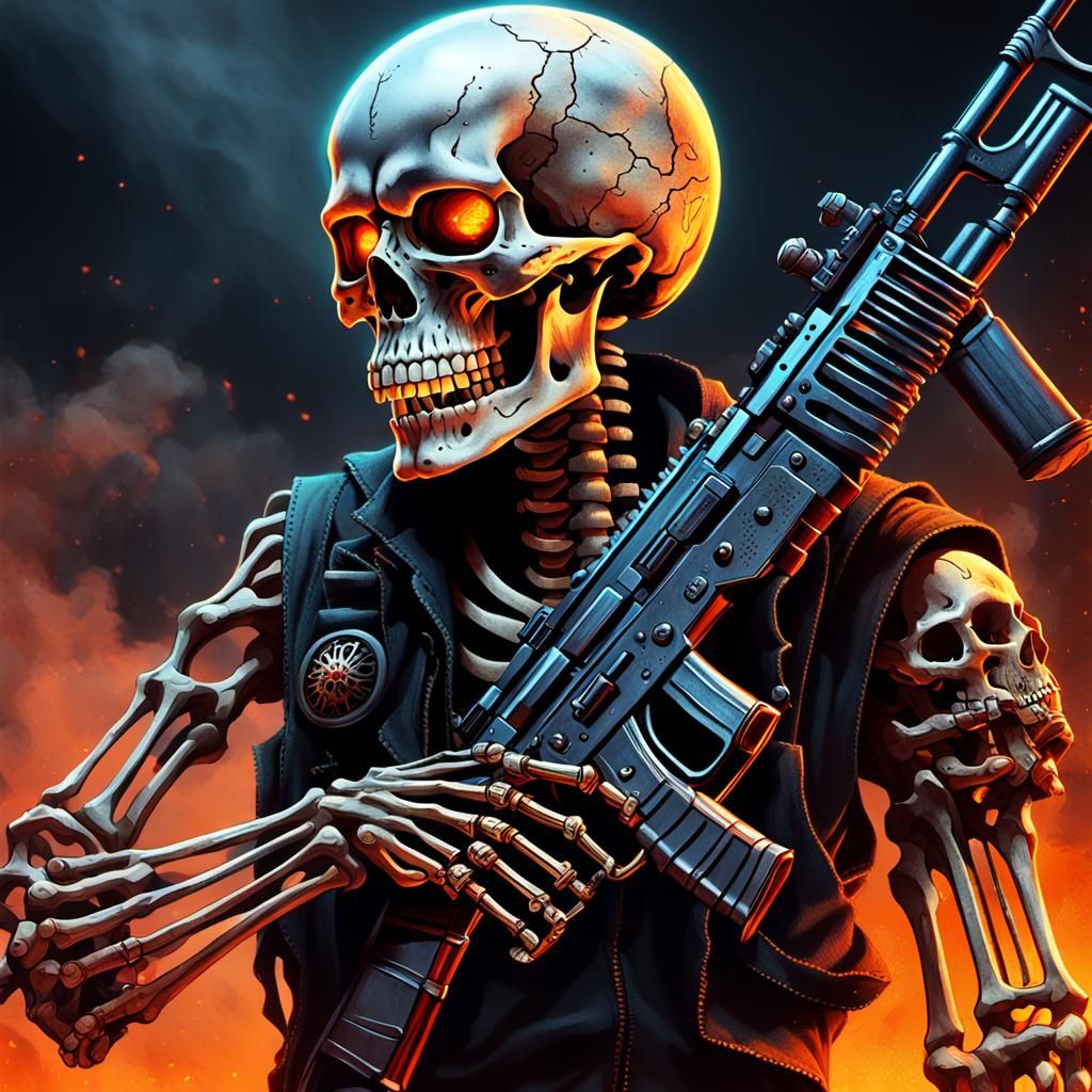Skeleton Warrior with AK-47 in Dark Fantasy Art