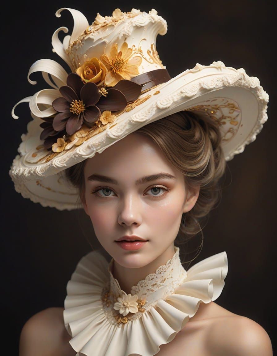 Woman in Decadent Dessert Hat with Chocolate and Honey