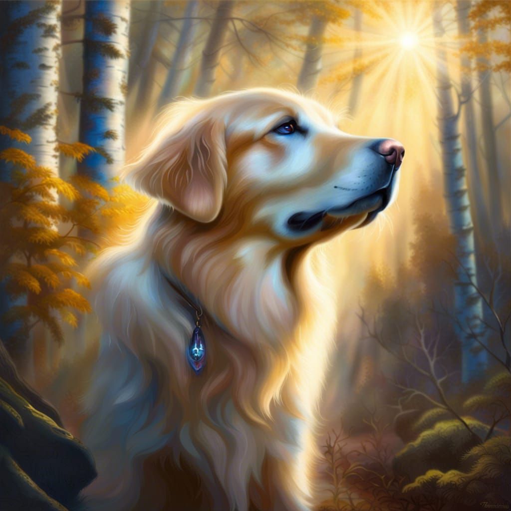 Golden Retriever in Ethereal Forest, Hyperdetailed Fantasy