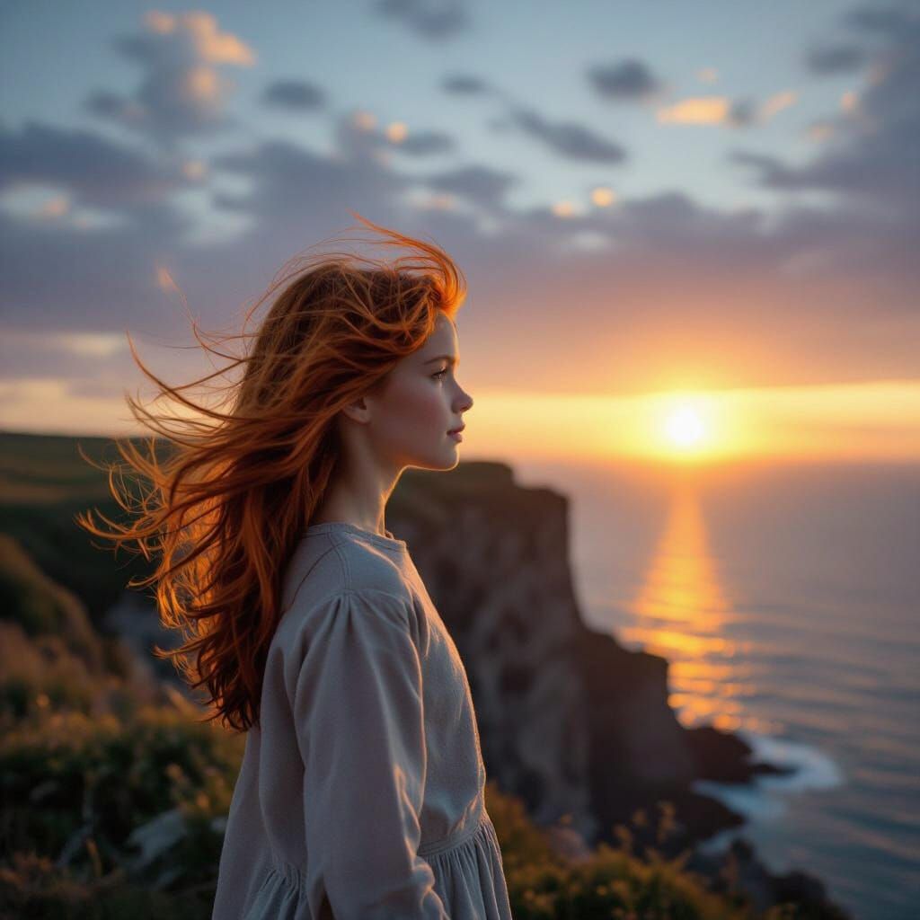 Girl Gazes at Dramatic Sunset on Cliff Edge