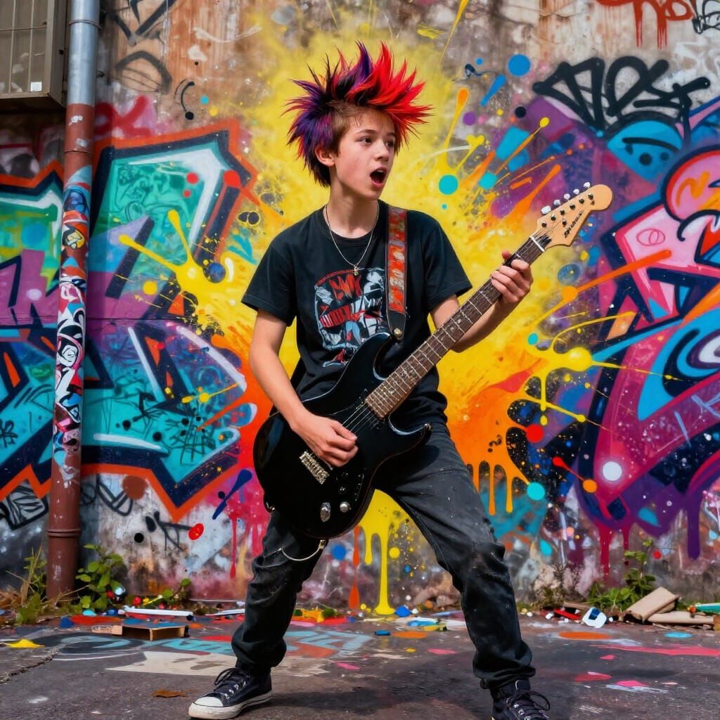 Teenage Musician with Electric Guitar in Graffiti Alley