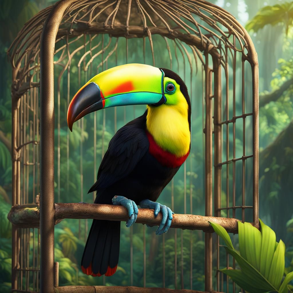 Colorful Toucan in Cage: 8K Digital Art