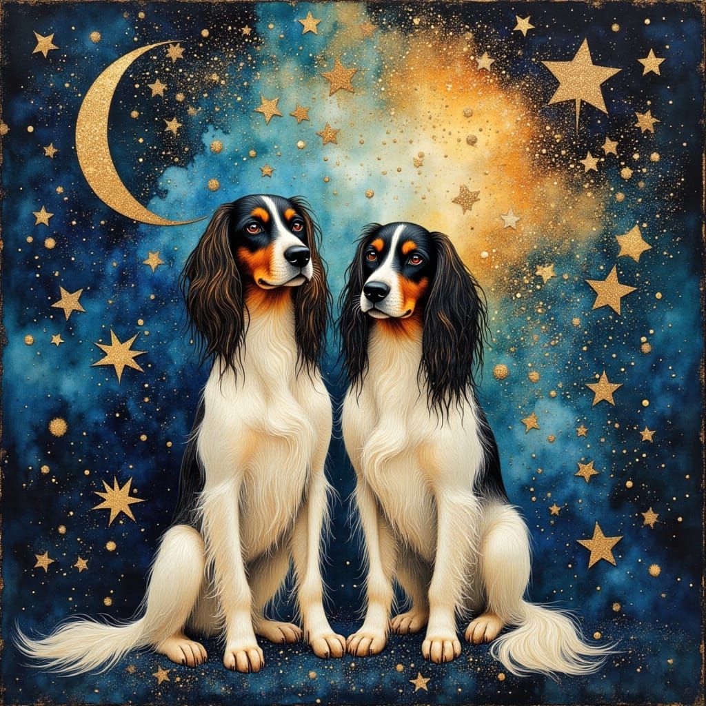 Ethereal Afghan Hounds in Starry Night Watercolor Style