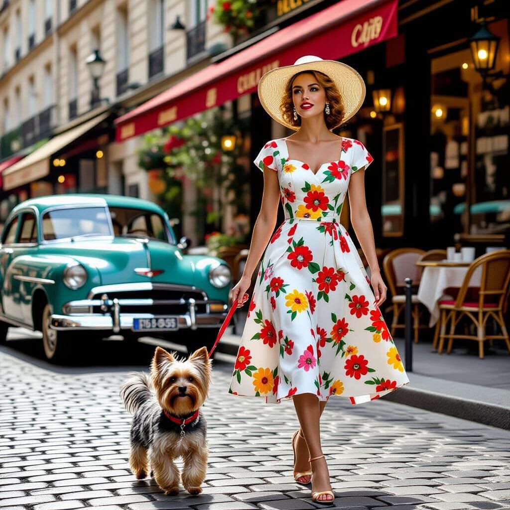 Glamorous Woman and Yorkshire Terrier in Paris