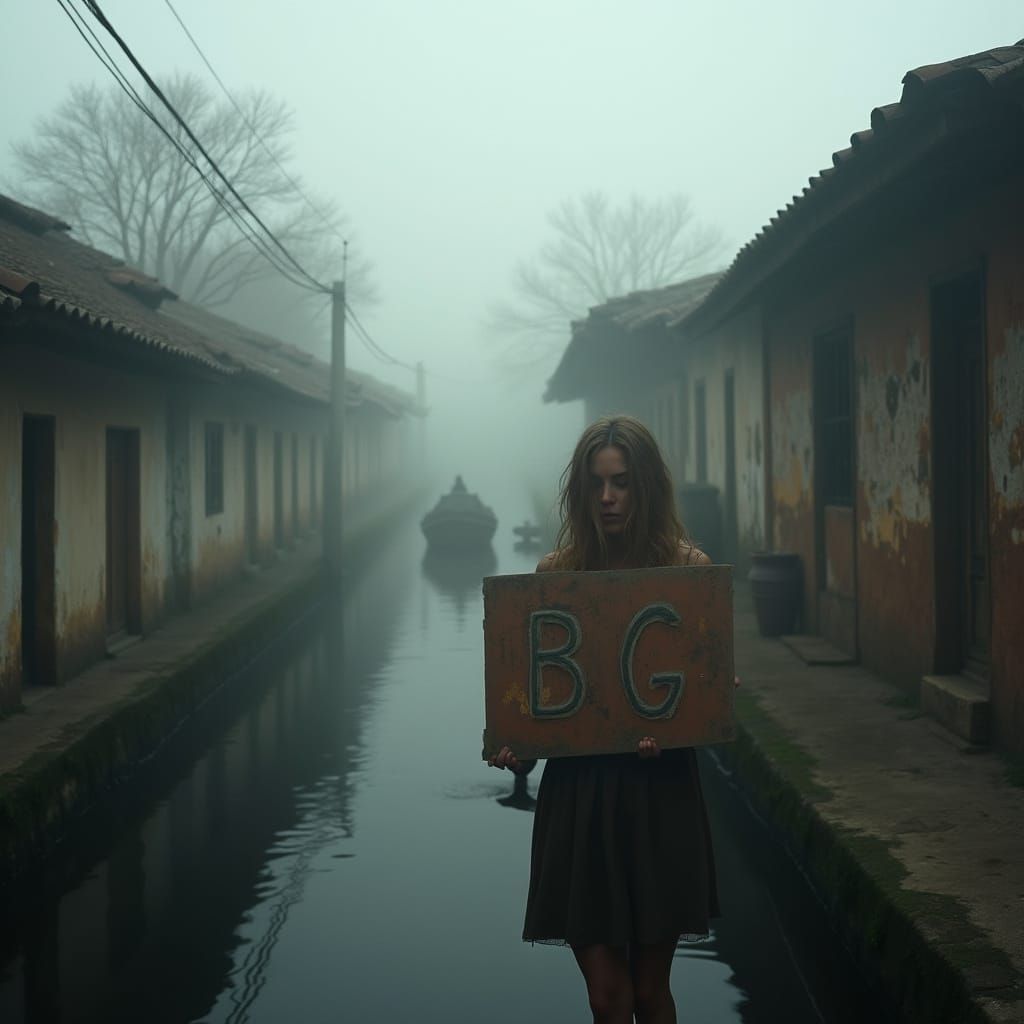 Uma vila esquecida à beira de um canal estreito uma linda mulher com uma placa velho e antigo escrito "BG", envolta em u...