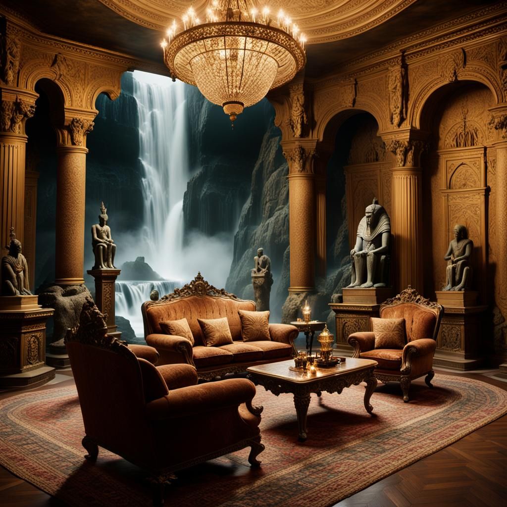 Victorian Living Room Overlooking Majestic Waterfall