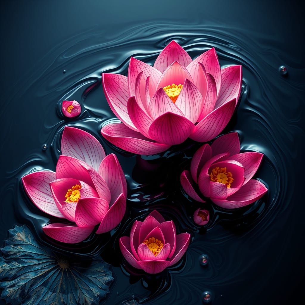 Ferrofluid Lotus Flowers Bloom: Futuristic Digital Art