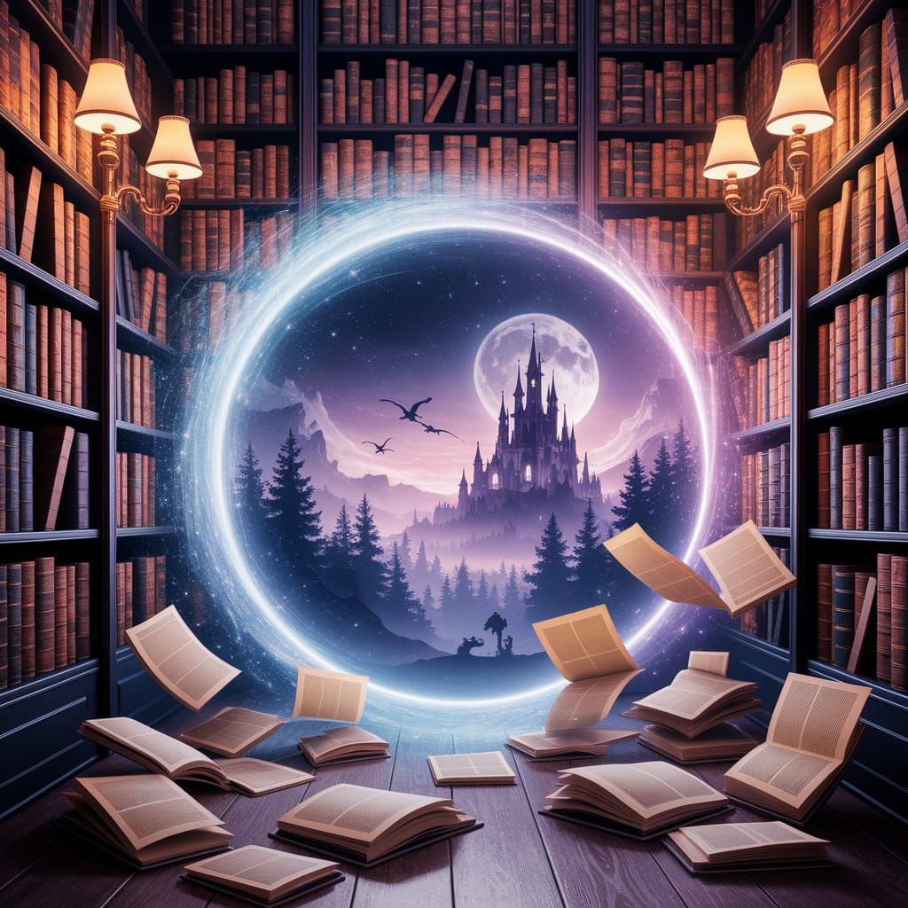 Magical Library Portal to a Fairy-Tale Realm