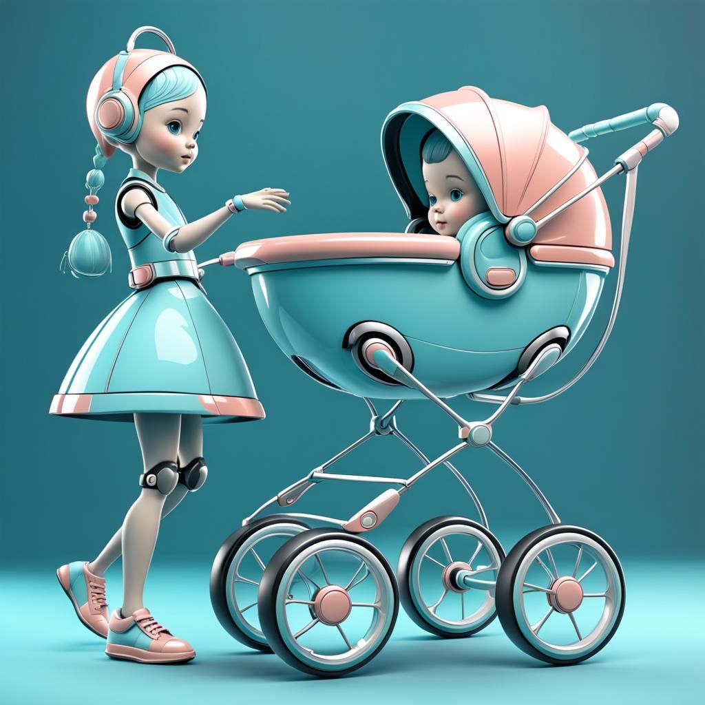 Futuristic 3D Baby Pram with Humanoid Girl