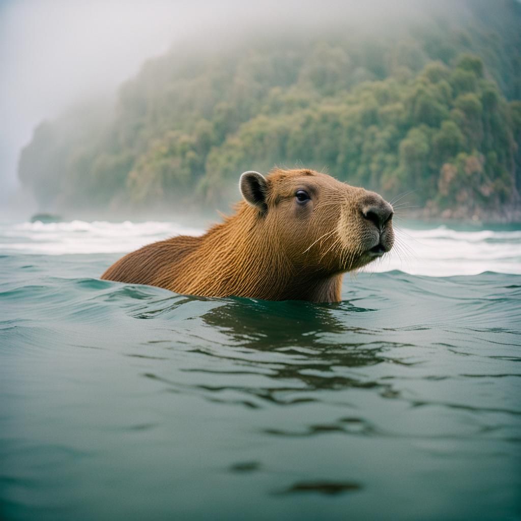 Capybara in Ocean: Wide-Angle Portra 400 Style