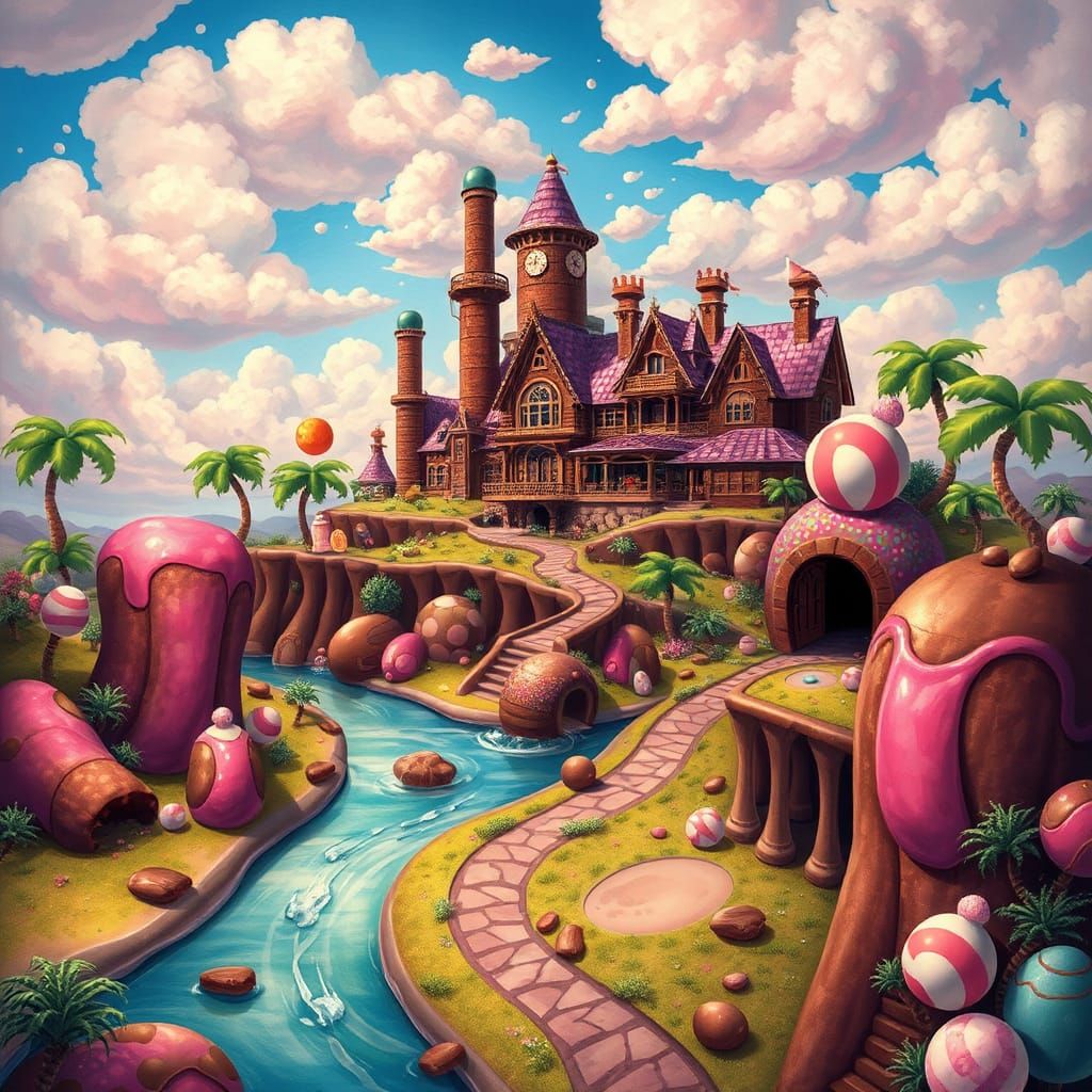 Chocolate Factory on Rocky Road Island, Surreal Illustration