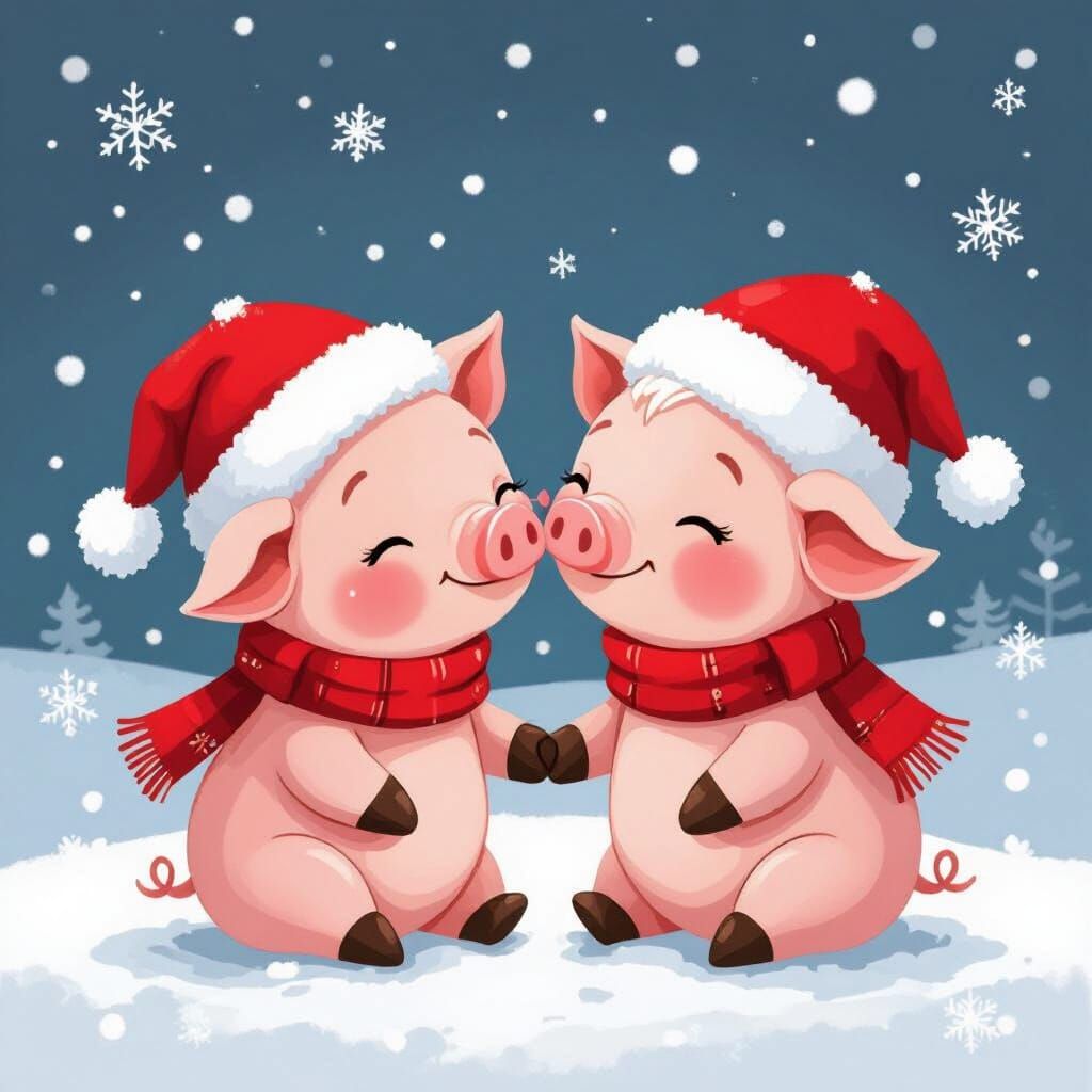 Cute Cartoon Pigs Kissing in Snow Wearing Santa Hats