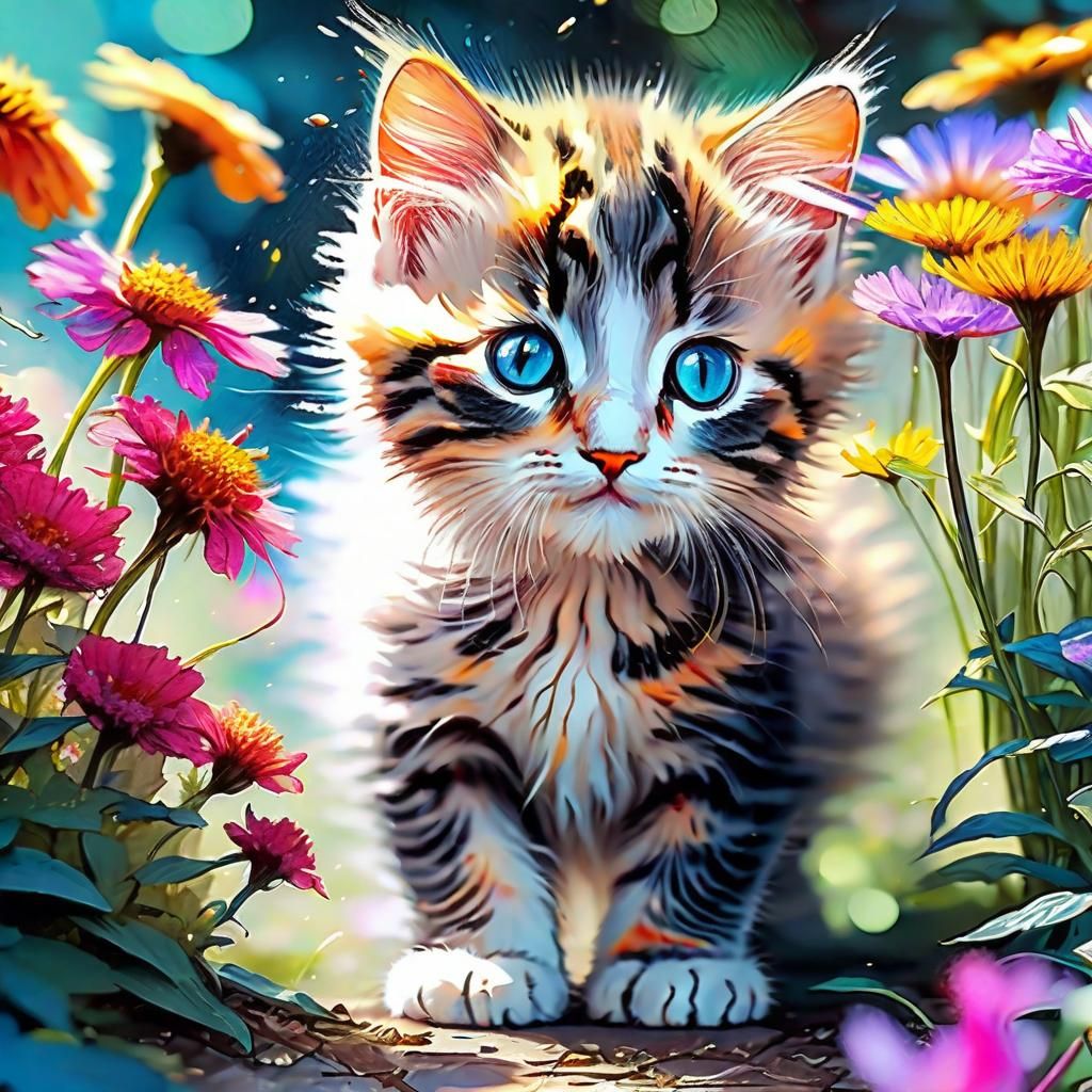 Kitten's Whimsical Discovery: A Colorful Digital Illustratio...