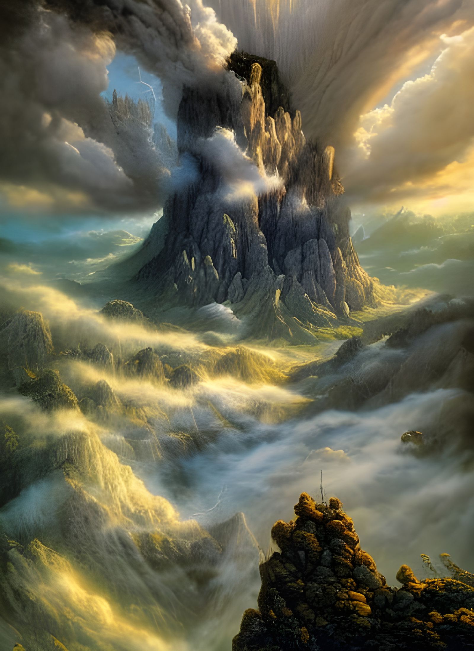 Breathtaking Mountain Vista with God Rays and Rain