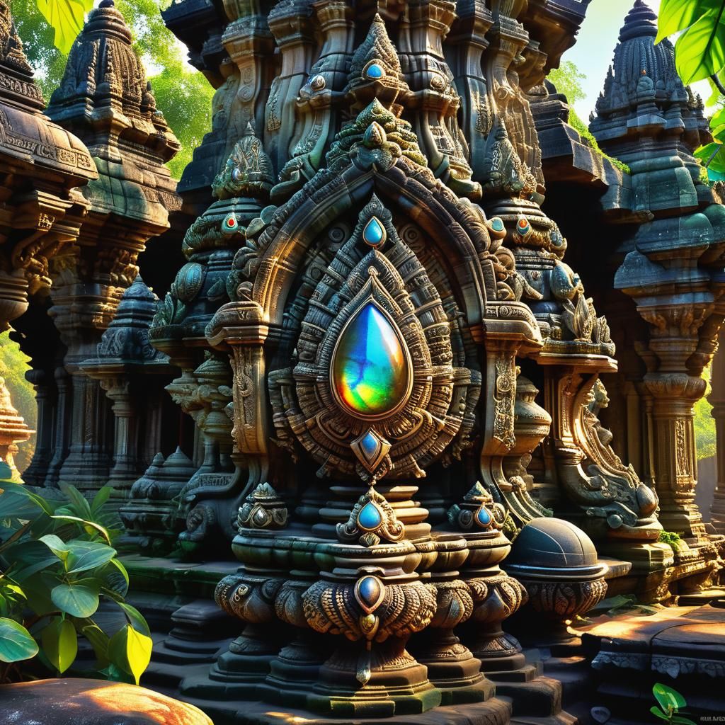 Jungle Temple Mandelbulb with Gems, Hyperrealistic HDR