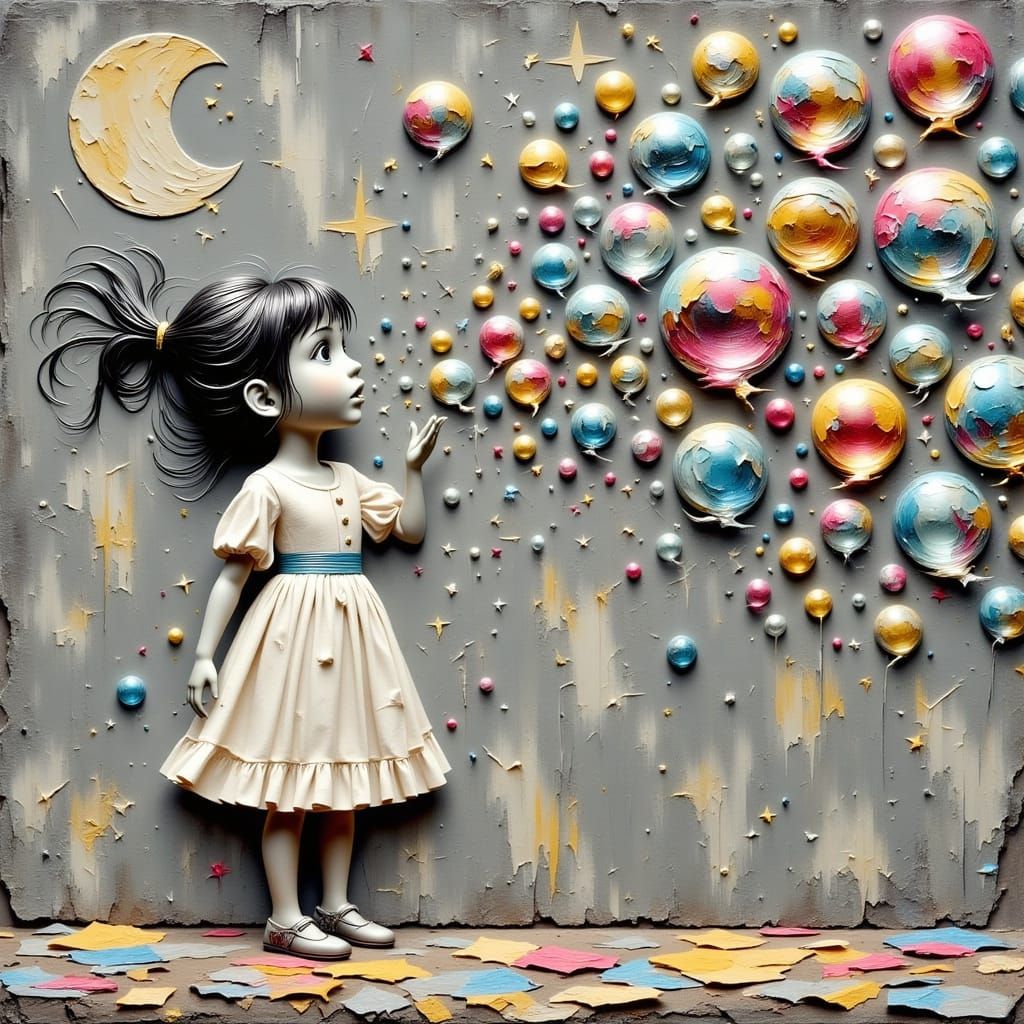 Young Girl Blows Bubbles in a Street Art-Inspired, Grayscale...
