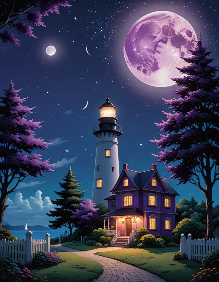 Whimsical Moonlit Night Sky with Studio Ghibli Trees and Lig...