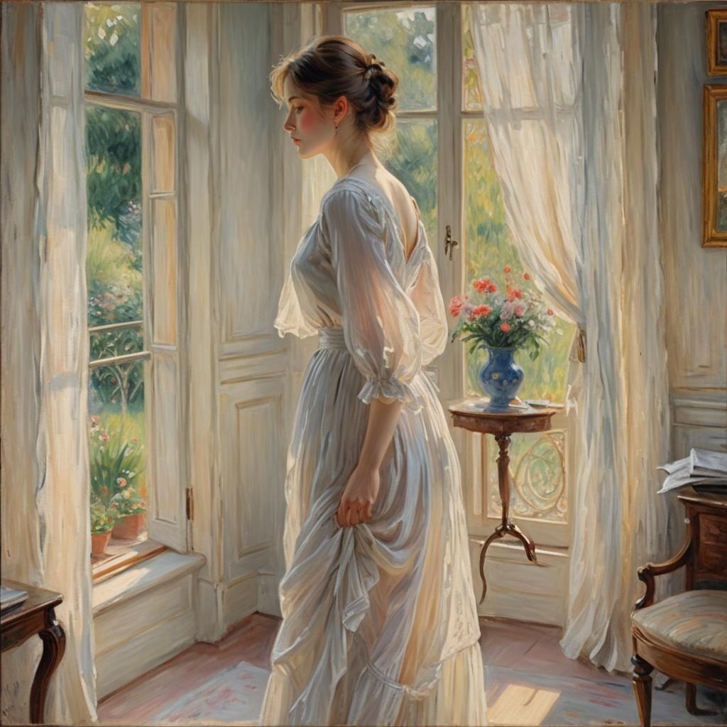 Woman in White Dress: Impressionist Painting