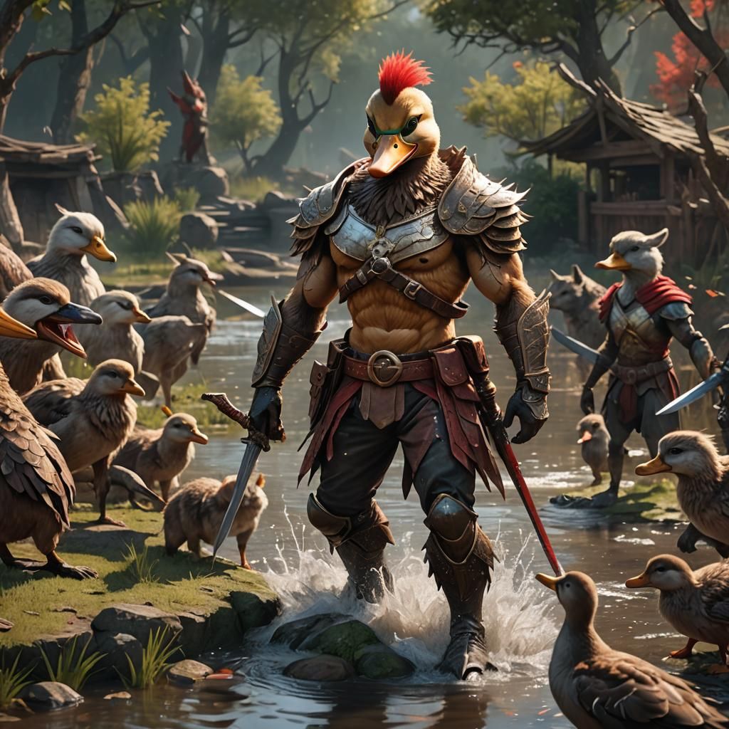 Humanoid Duck Warrior with Wolves, Detailed Matte Painting