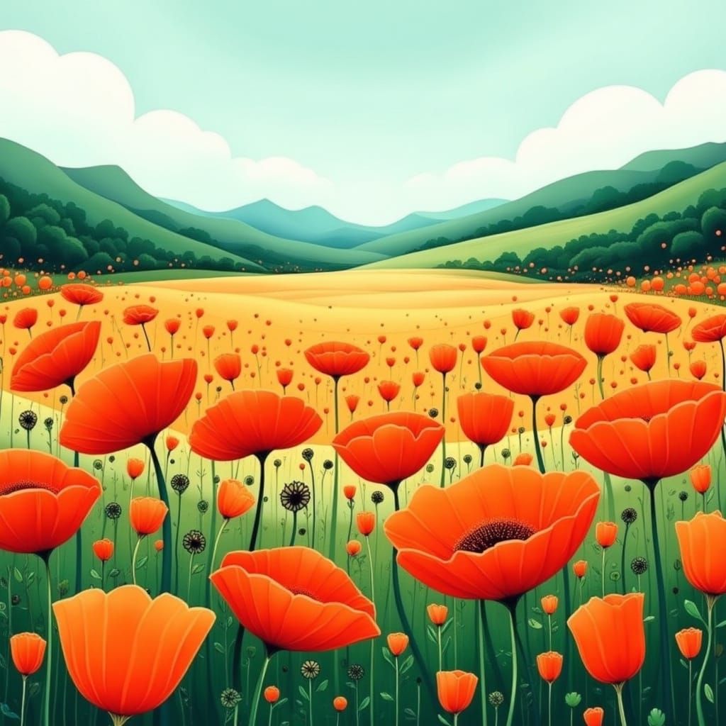 Vibrant Orange Poppy Flowers in a Lively Landscape
